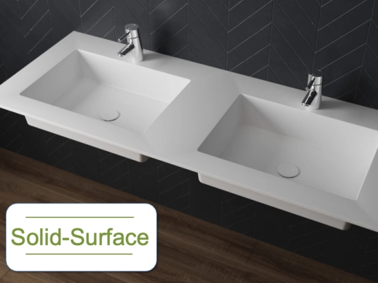 Plan vasque Design, fabrication sur mesure, Largeur 120 à 200 cm x Profondeur 40 à 60 cm, résine minérale ACRYSTONE® SOLID-SURFACE Finition lisse blanc mate, Livraison Offerte et Rapide.